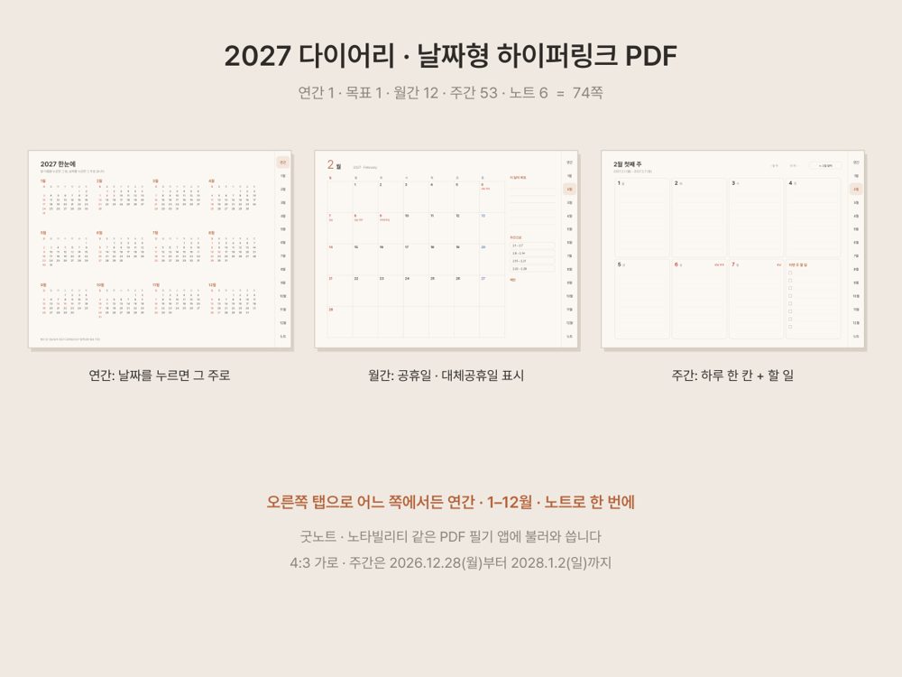 다이어리 쪽 구성: 표지, 2027 한눈에, 월간, 주간, 노트